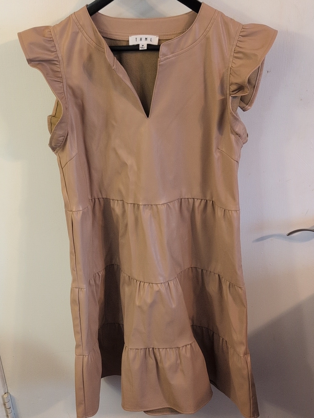 THML Taupe Faux Leather Tiered Ruffle Dress